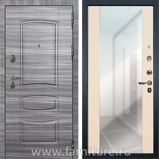  Входная металлическая дверь Лекс Сенатор 45 Сандал Серый с Зеркалом Беленый дуб 